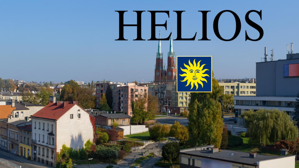 Logo Ośrodka HELIOS na tle panoramy miasta Rybnik.