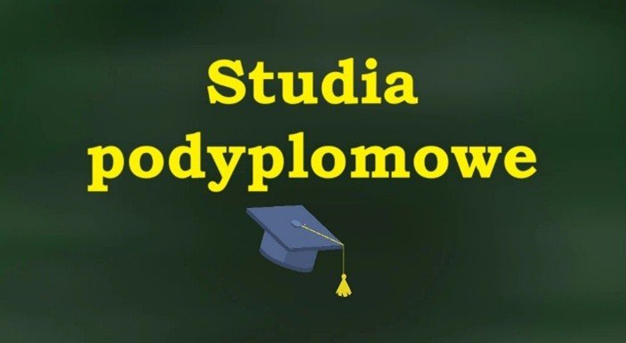 Grafika przedstawiająca niebieską czapkę studencką oraz żółty napis Studia podyplomowe.